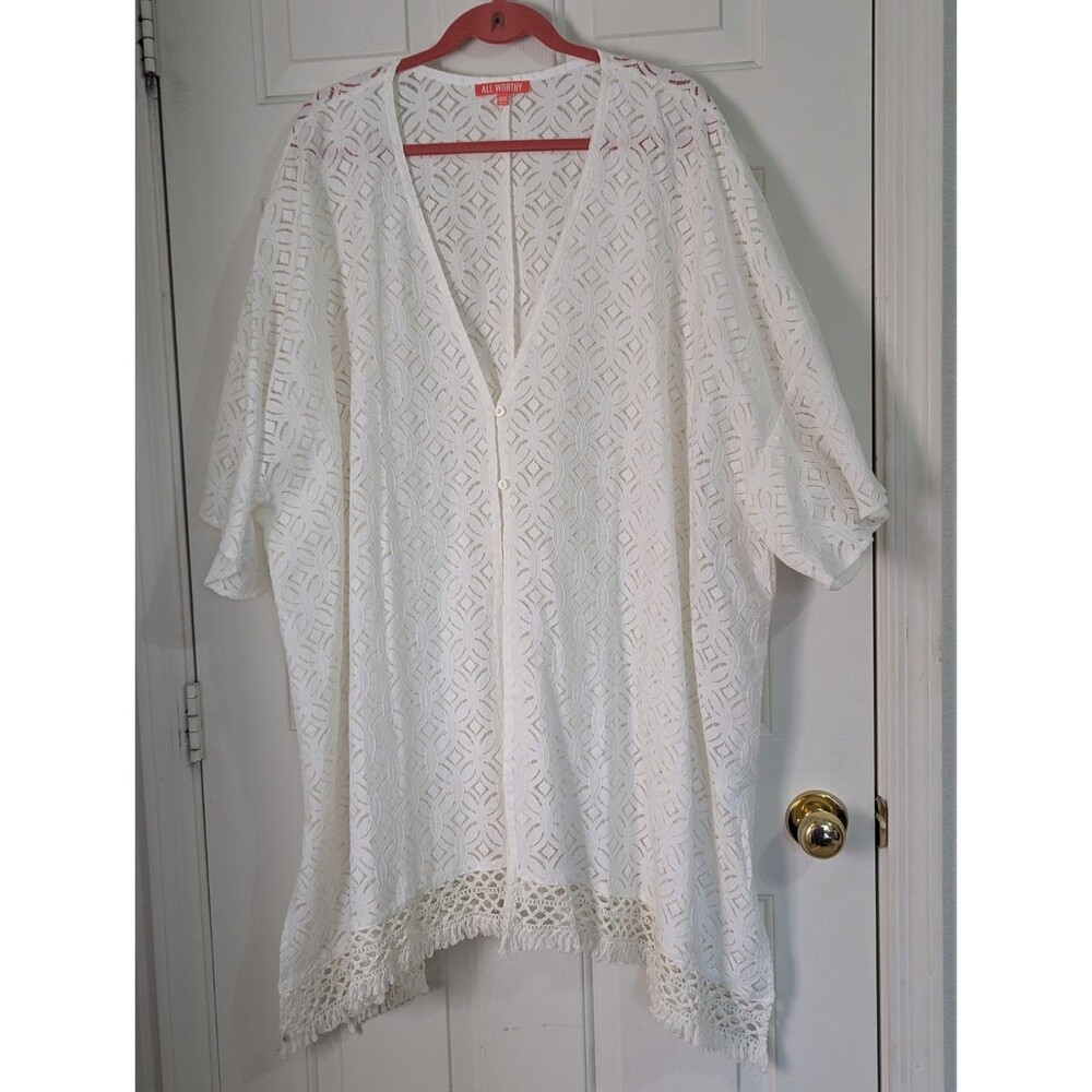 Beach Swimsuit Lace Cover Up 2X 3X White Crochet Fringe Kimono Button Boho S/S